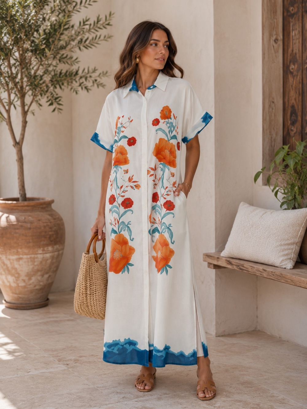 MADE IN ITALY Floral Maxi Dress with Blue Accents